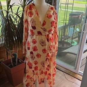 Joyfolie Pink and Red Wrap Sundress with Plunge Neckline